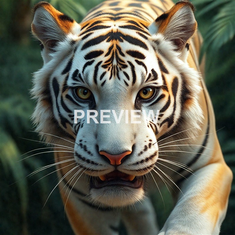 A close-up image of a white tiger with distinctive black stripes, showing its face and intense gaze as it moves forward through green foliage.